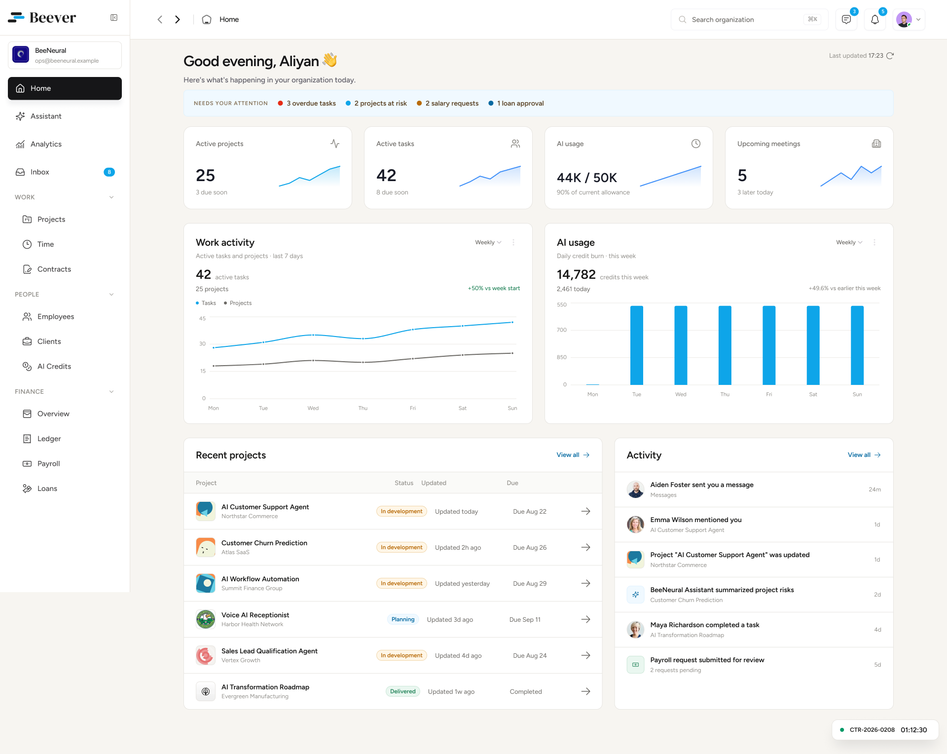 Beever dashboard preview showing projects, employees, and analytics